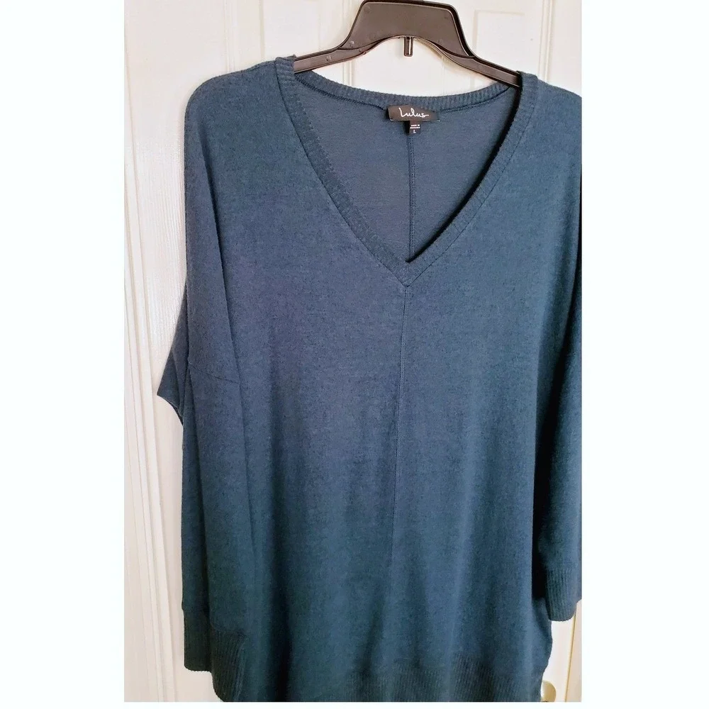 Lulus Teal Oversized Slouchy Tunic Sweater V-Neck Tunic Knit Cozy‎ Lightweight L